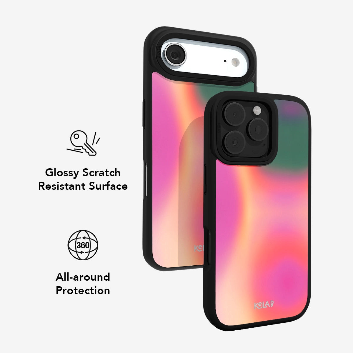 iPhone case with glossy scratch-resistant surface, black trim, and 360-degree all-around protection.