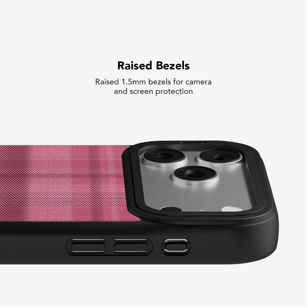Pink phone case with raised 1.5mm bezels for camera and screen protection, featuring a sleek design.