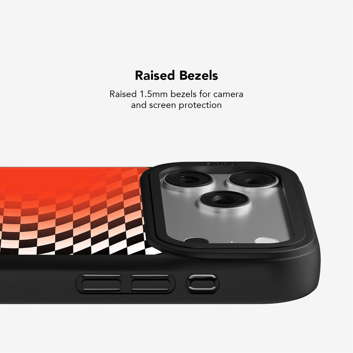Stylish phone case with raised 1.5mm bezels for camera and screen protection, featuring a vibrant red gradient design.