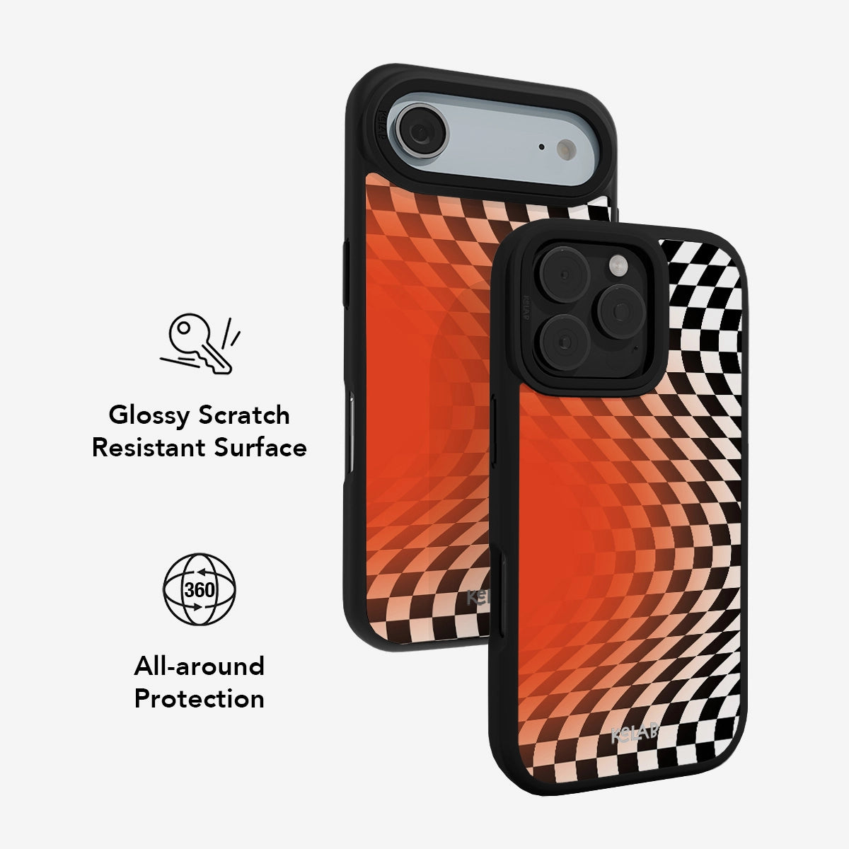 Red and black checkered phone case with glossy scratch-resistant surface and 360° protection.