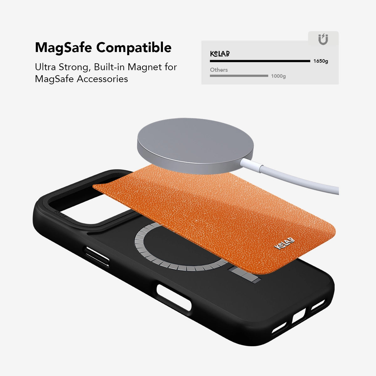 MagSafe compatible Stipple Electric Orange iPhone Case with built-in magnet and fine grain orange texture for seamless accessory use.