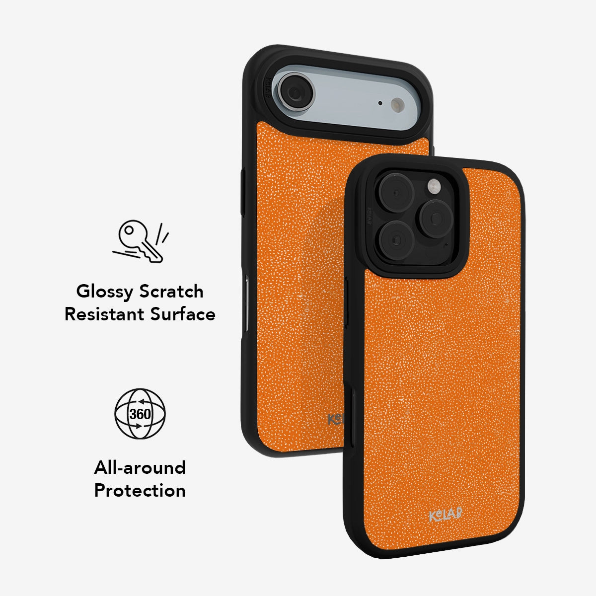 Glossy, scratch-resistant Stipple Electric Orange iPhone Case with 360° protection and vibrant orange industrial streetwear aesthetic.