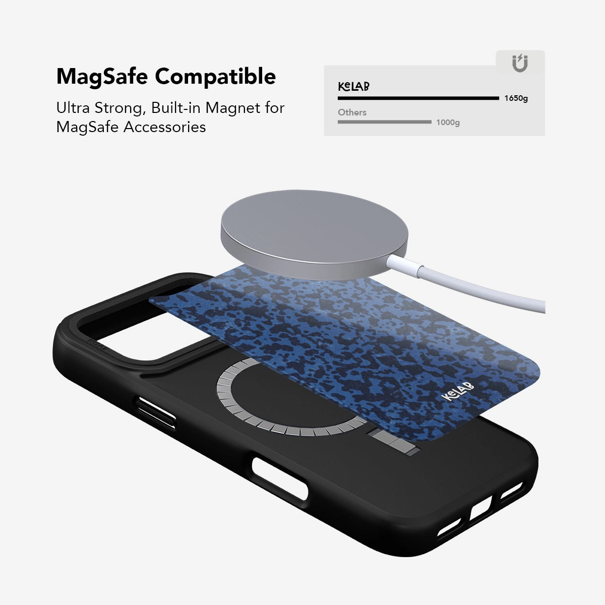 MagSafe compatible blue marble iPhone case with ultra-strong built-in magnet, ideal for seamless accessory attachment and modern tech use.