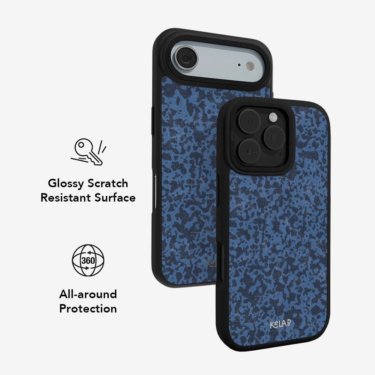 Glossy scratch-resistant iPhone case in navy blue abstract print with 360° all-around protection, blending fashion-forward style with durability.