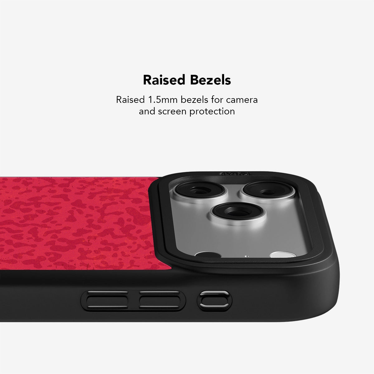 Close-up of KELAB red camo iPhone case showing 1.5mm raised bezels for camera and screen protection.