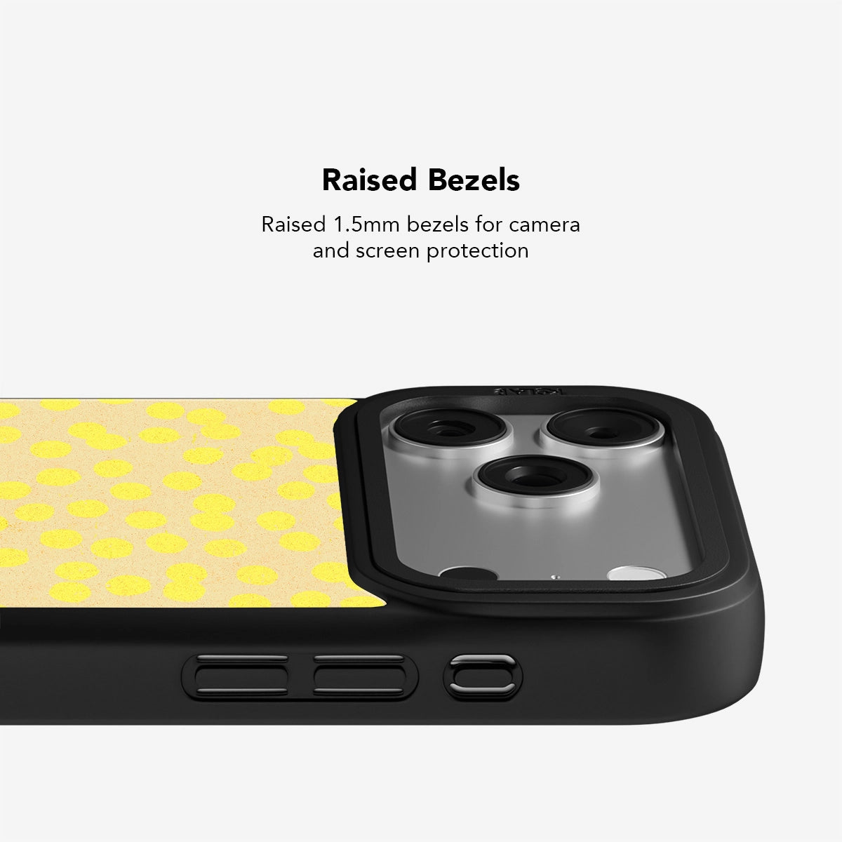 Close-up of KELAB Yellow Dotted iPhone Case showing 1.5mm raised bezels for enhanced camera and screen protection in a stylish retro design.