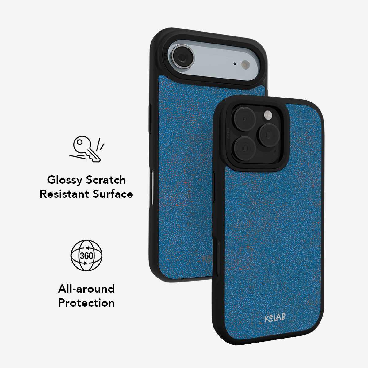 KELAB Blue Micro Dotted iPhone Case with glossy scratch-resistant surface and 360-degree all-around protection for enhanced durability and style.