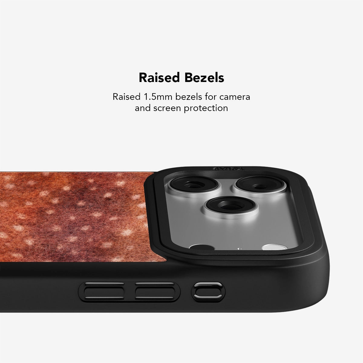 Warm russet animal print phone case with raised 1.5mm bezels. Provides enhanced camera and screen protection in a fall-inspired design.