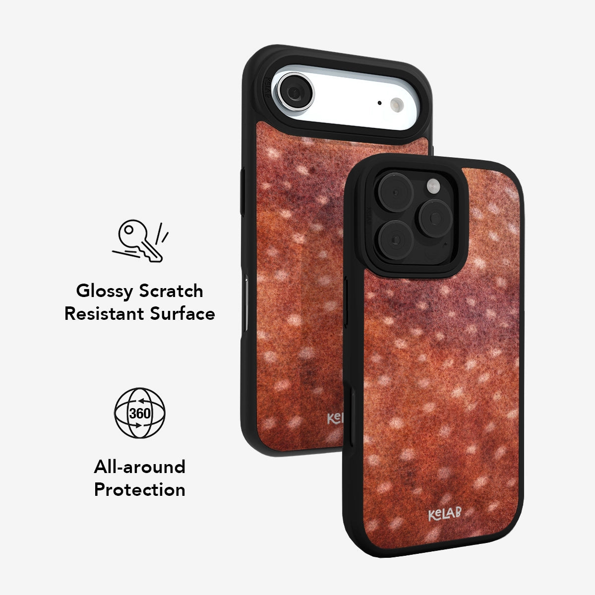 Burnt orange fawn print iPhone case with glossy scratch-resistant surface. Offers 360-degree protection in a stylish earth tone design.