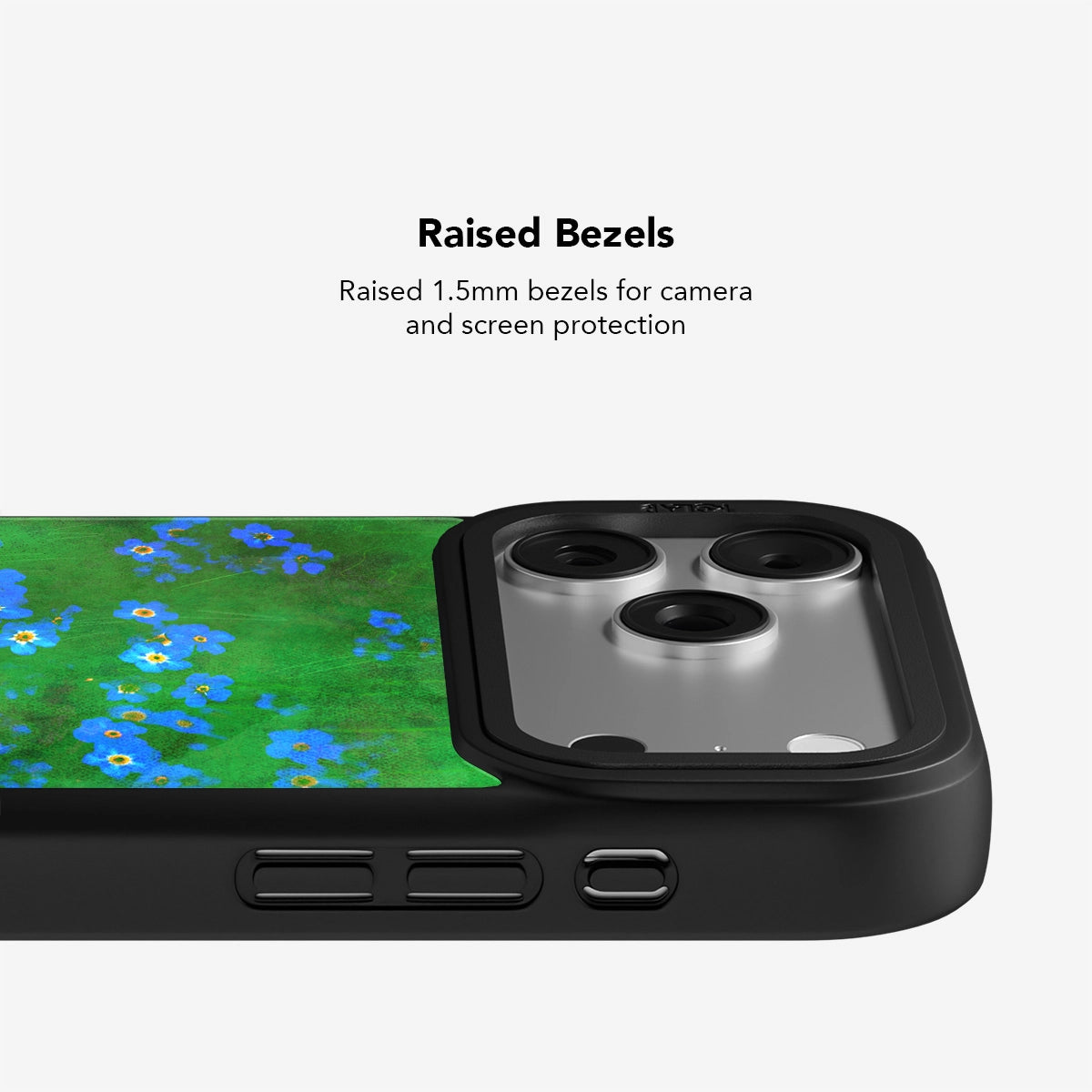 Close-up of KELAB green floral iPhone case showing 1.5mm raised bezels for enhanced camera and screen protection.