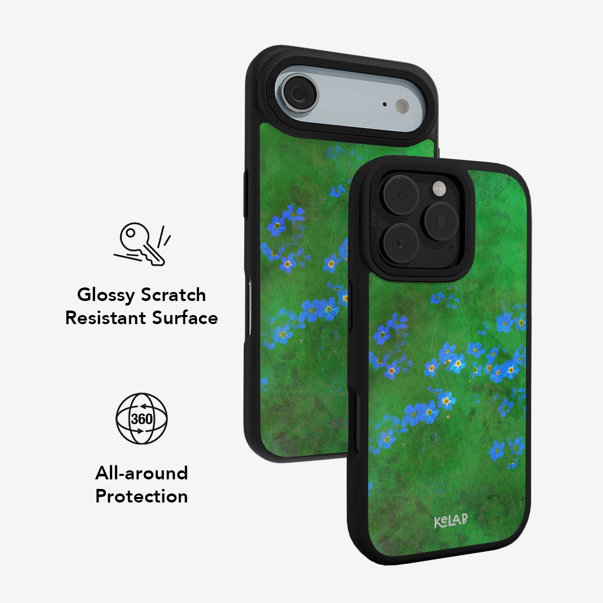 KELAB floral iPhone case in vibrant green with blue flowers, offering glossy scratch-resistant surface and 360° all-around protection.