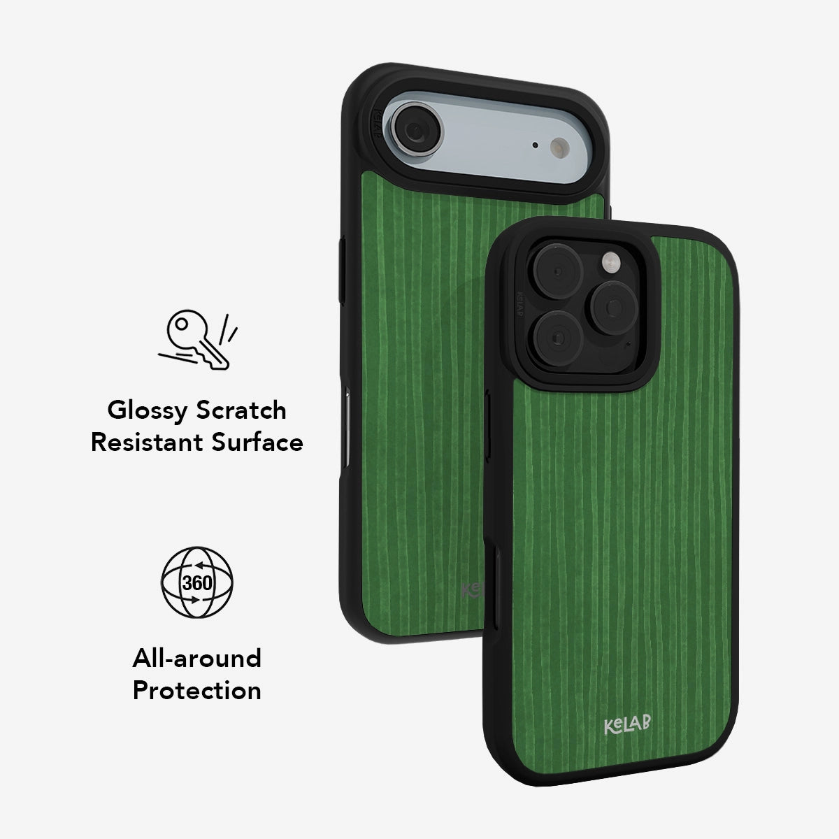 KELAB Green Stripe Pattern iPhone Case offering glossy scratch-resistant surface and 360-degree all-around protection.