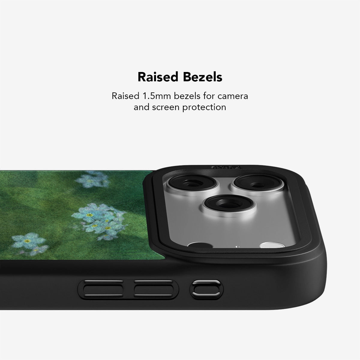 Close-up of KELAB Deep Green Floral iPhone Case showing 1.5mm raised bezels for camera and screen protection against drops and scratches.
