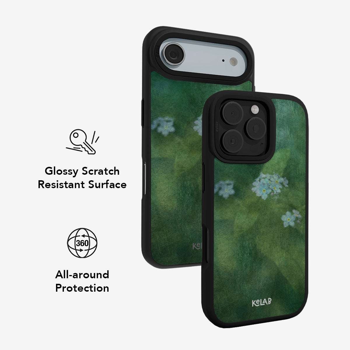 KELAB Deep Green Floral iPhone Case with glossy scratch-resistant surface and 360° all-around protection for stylish and durable phone coverage.