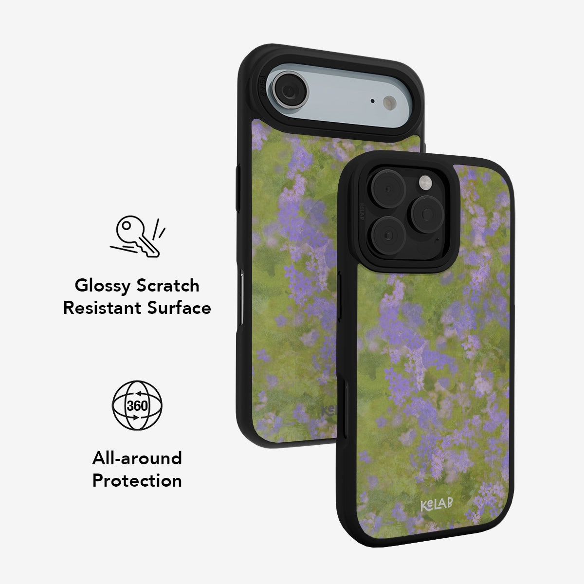 Glossy scratch-resistant Lavender Bloom iPhone Case with 360° all-around protection and a vibrant purple wildflower design on a green base.