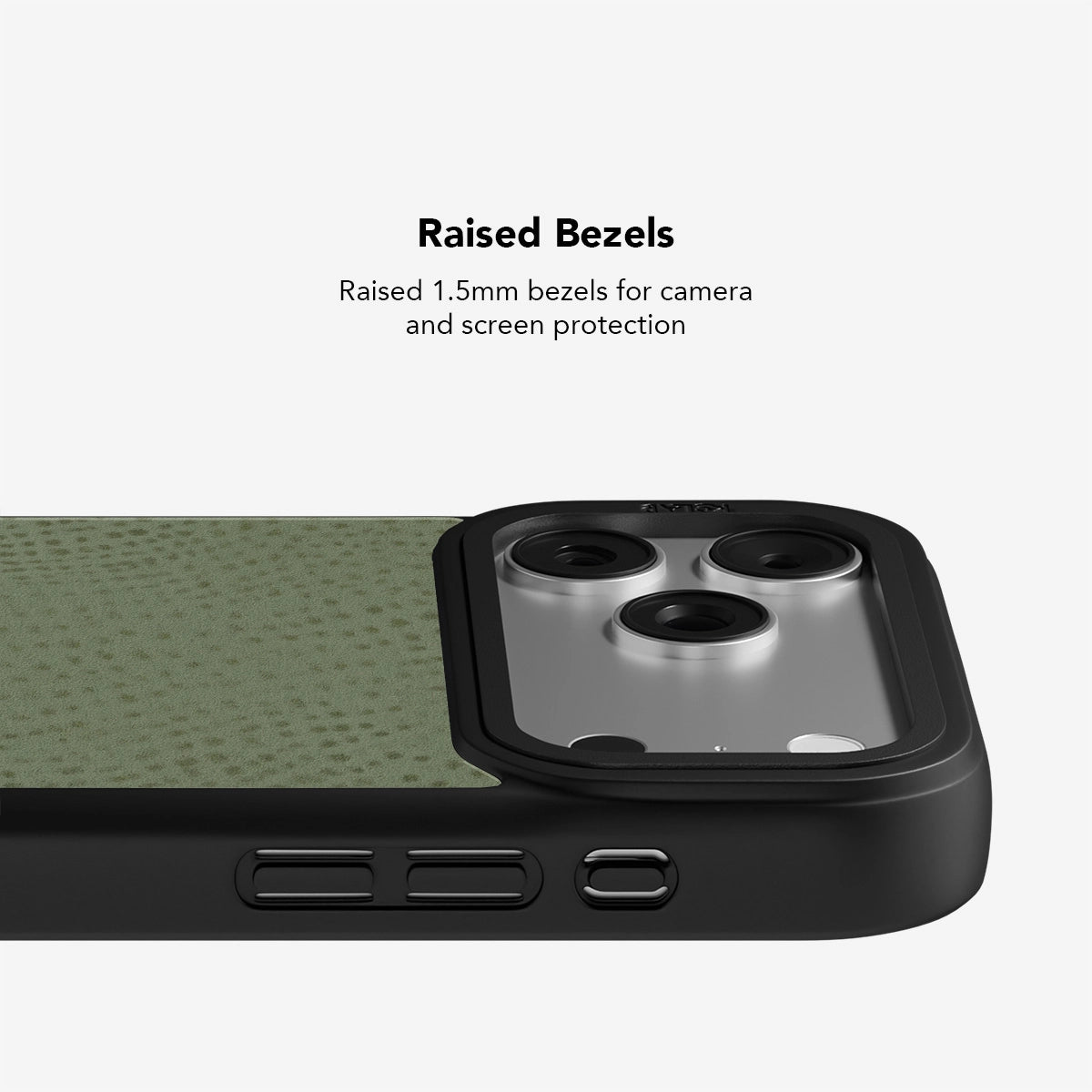 Sage Green Phone Case featuring raised 1.5mm bezels for enhanced camera and screen protection against drops and scratches.