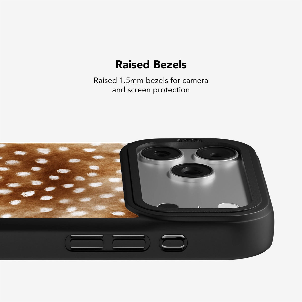 Close-up of Fawn & Deer Print Cottagecore iPhone Case showing 1.5mm raised bezels for enhanced camera and screen protection.