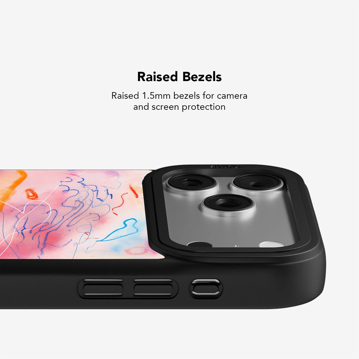 Close-up of raised bezels on Scribble Marker Art iPhone Case offering enhanced camera and screen protection with colorful abstract design.