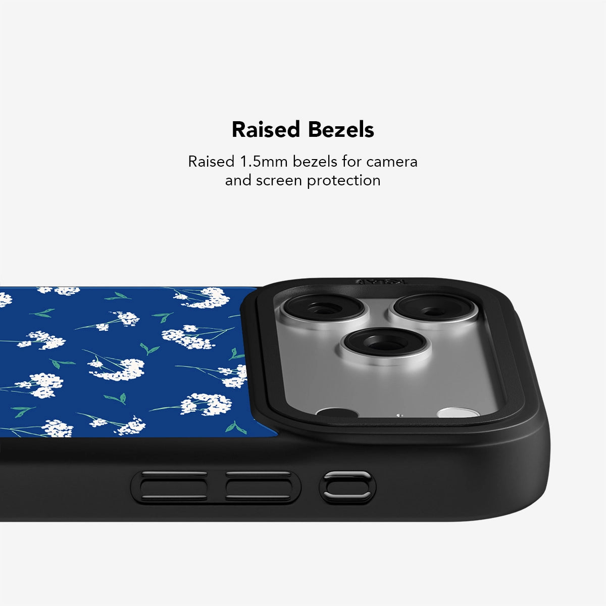 Blue floral iPhone case with raised 1.5mm bezels for added camera and screen protection, combining elegance with functionality.