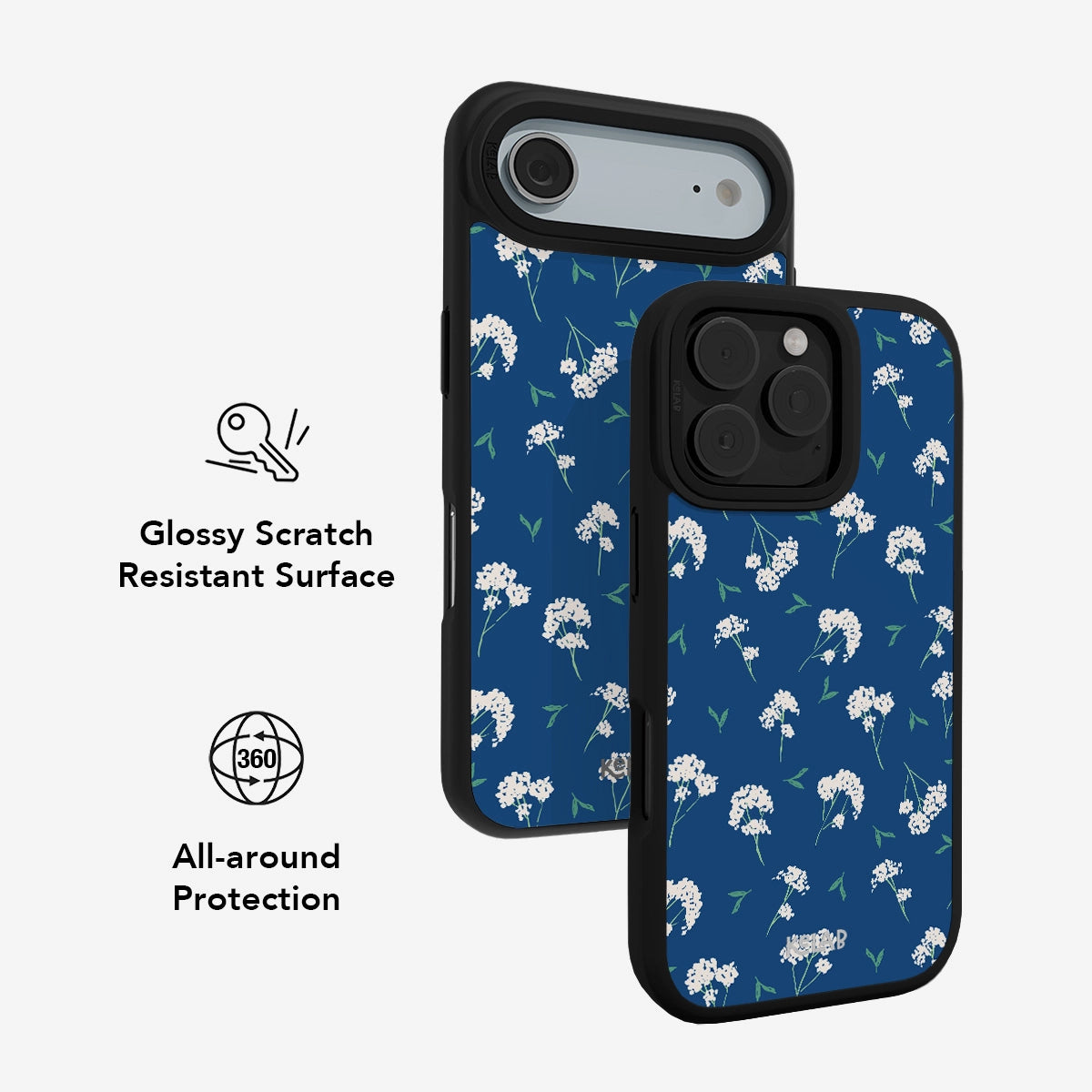 Glossy scratch-resistant cobalt blue iPhone case with white floral design and 360-degree protection for enhanced durability and style.