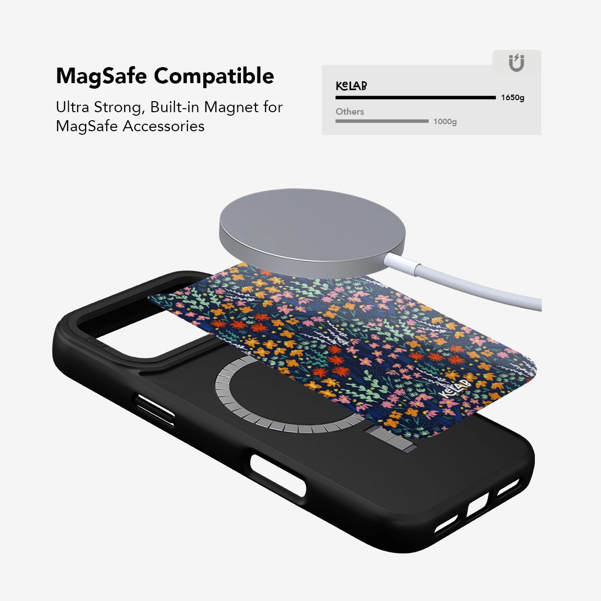 MagSafe compatible Midnight Meadow Wildflower Phone Case with strong built-in magnet and vibrant floral design for secure accessory use.