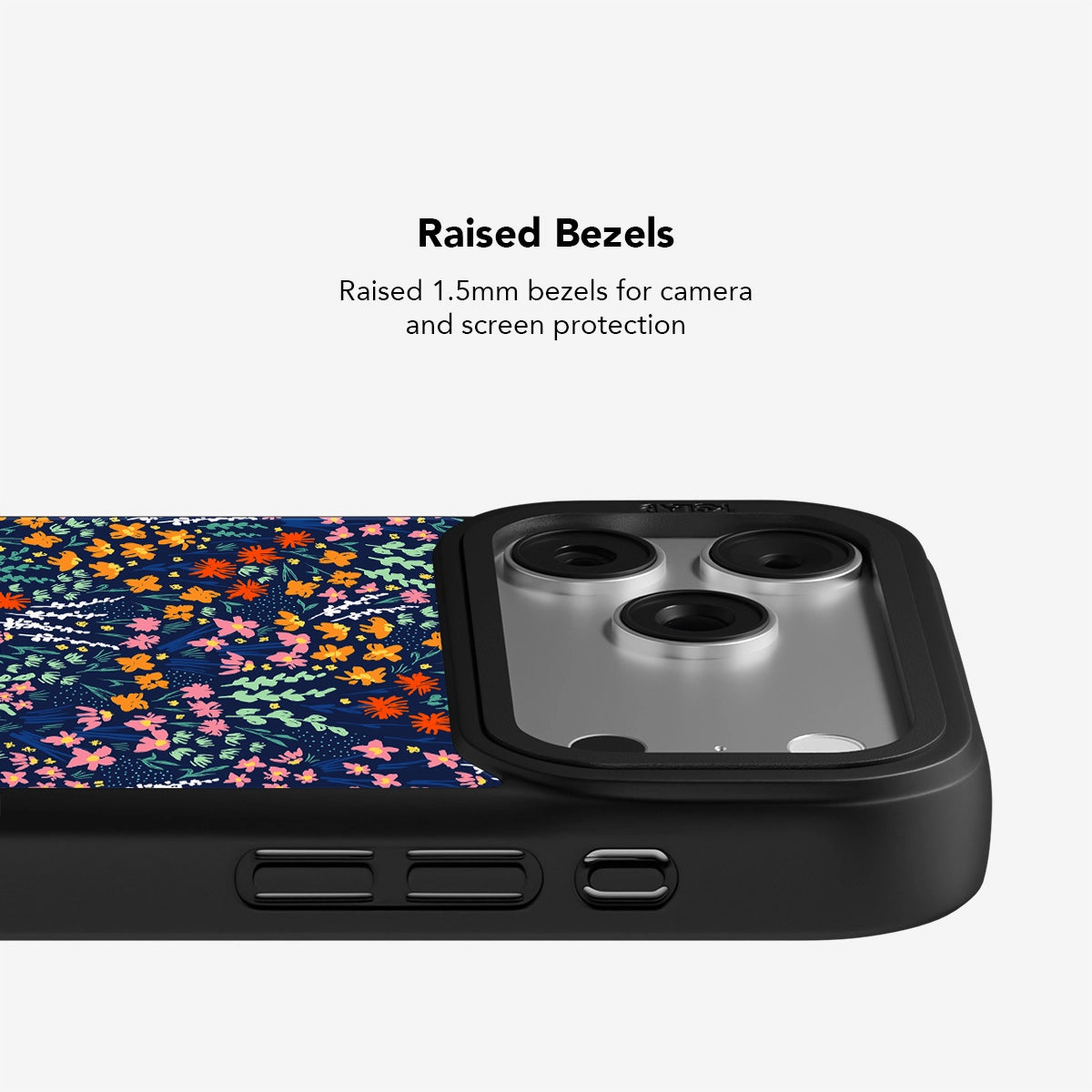 Raised bezel design on Midnight Meadow Wildflower Phone Case provides 1.5mm screen and camera protection with vivid floral pattern.