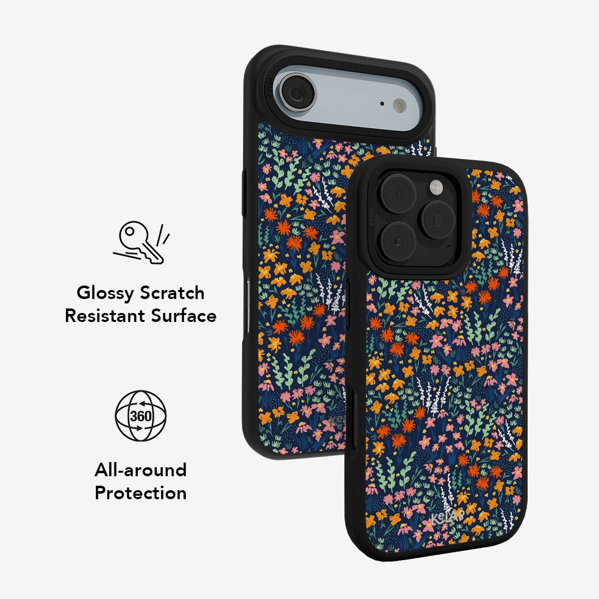 Glossy scratch-resistant Midnight Meadow Phone Case with 360° protection and colorful wildflower print on a deep navy background.