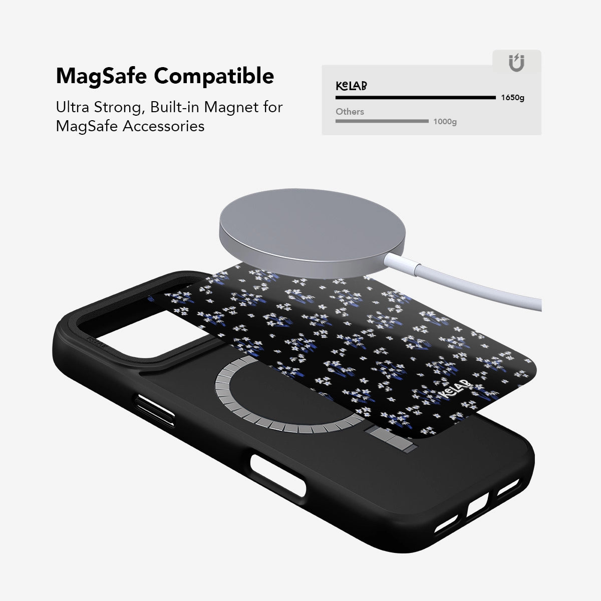 KELAB Minimalist Black Floral iPhone Case with built-in MagSafe magnet for strong accessory compatibility and seamless wireless charging.