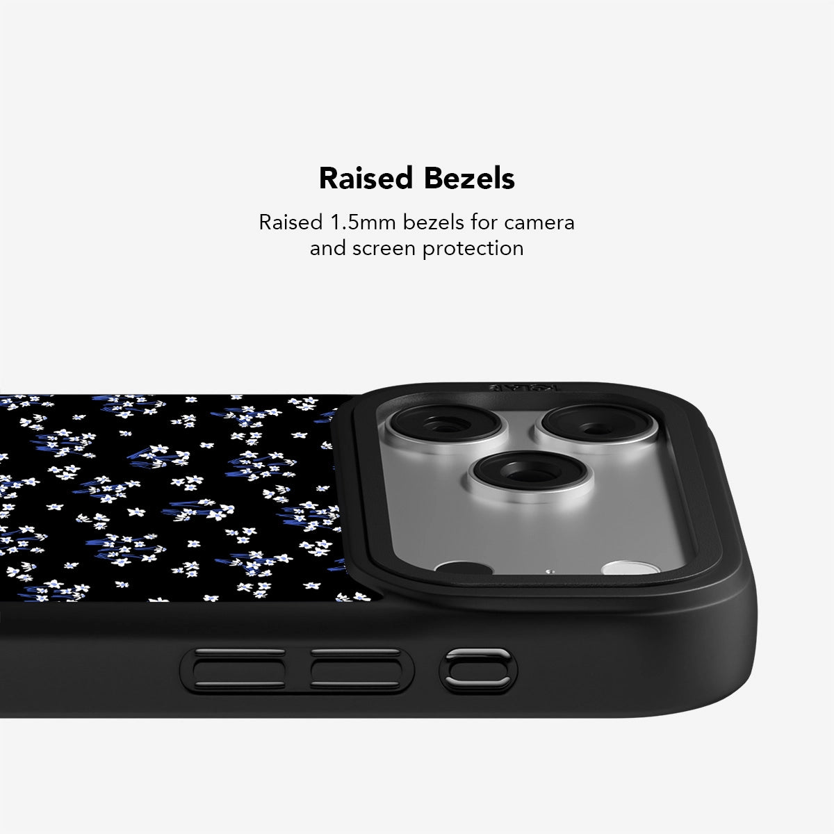 Close-up of KELAB Minimalist Black Floral iPhone Case showing 1.5mm raised bezels for enhanced camera and screen protection.