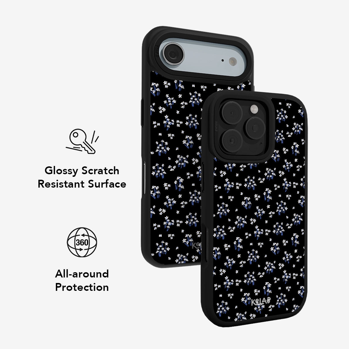 Glossy scratch-resistant KELAB Black Floral iPhone Case with 360° all-around protection and chic white lily design on black background.