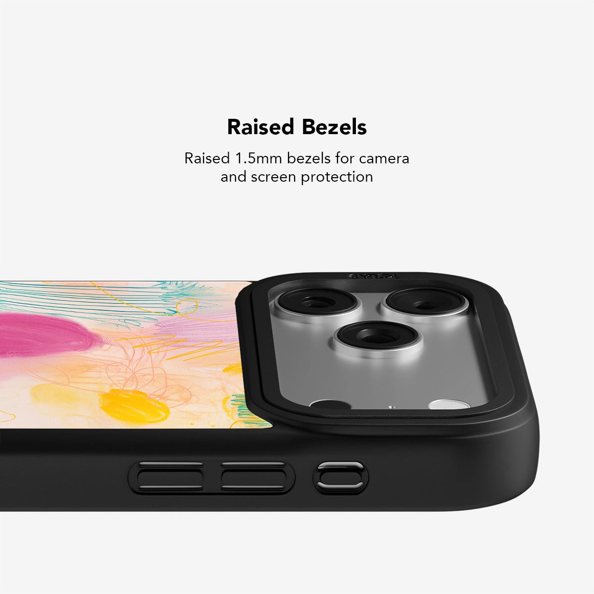 Close-up of KELAB Abstract Design Art iPhone Case showing raised bezels for enhanced screen and camera protection with vibrant abstract art.