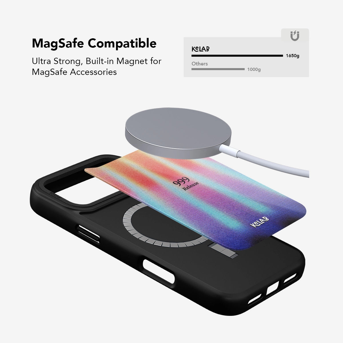 MagSafe compatible Angel Number 999 iPhone Case with built-in strong magnet and vibrant retro gradient design for secure accessory attachment.