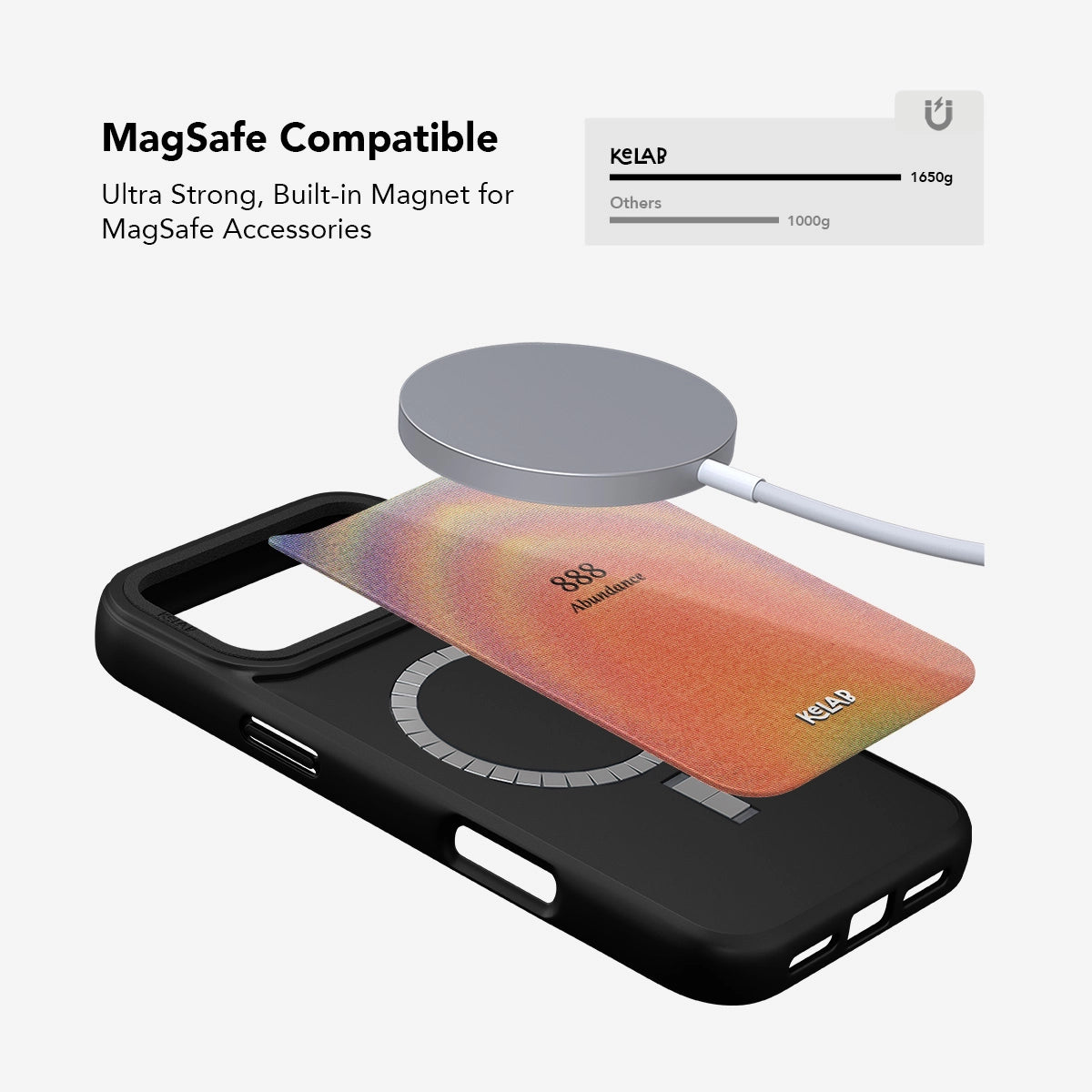 MagSafe compatible Angel Number 888 iPhone Case with built-in magnet and removable gradient backplate for secure accessory attachment.