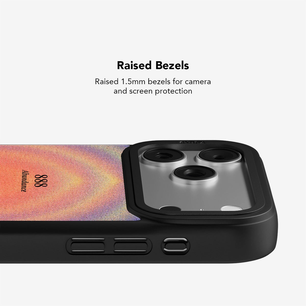 Close-up of Angel Number 888 iPhone Case showing 1.5mm raised bezels for enhanced camera and screen protection in a sleek design.