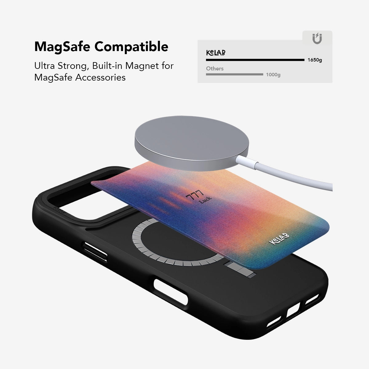 MagSafe compatible Angel Number 777 iPhone Case with built-in magnet and vibrant retro gradient design for secure accessory attachment.