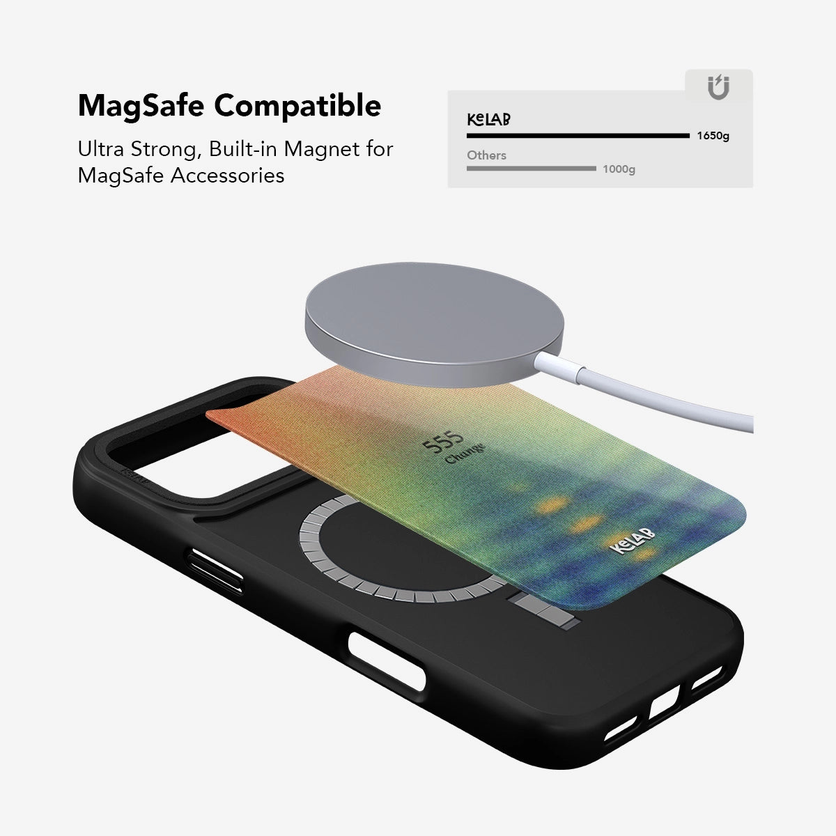 MagSafe compatible Angel Number 555 iPhone Case with built-in strong magnet and retro gradient design for secure accessory attachment.