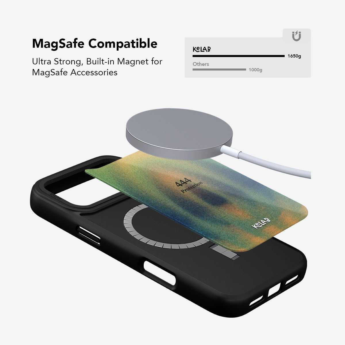 MagSafe compatible Angel Number 444 iPhone Case with built-in strong magnet and retro gradient design for secure accessory attachment.