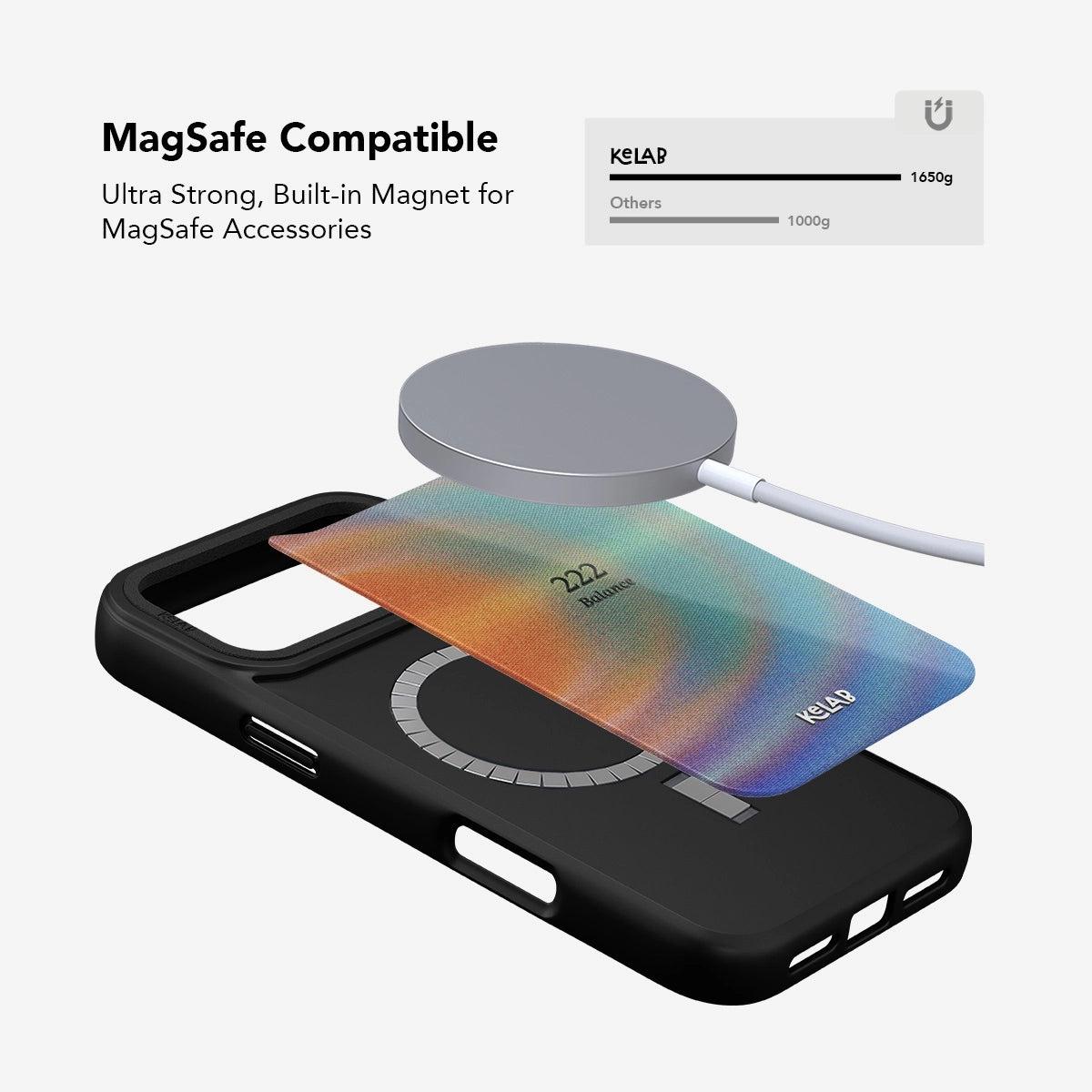 MagSafe compatible Angel Number 222 iPhone Case with built-in magnet and colorful retro gradient design for secure accessory attachment.