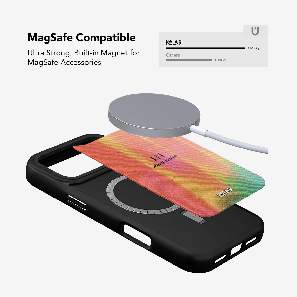 MagSafe compatible Angel Number 111 iPhone case with built-in magnet and vibrant retro gradient design for secure accessory attachment.