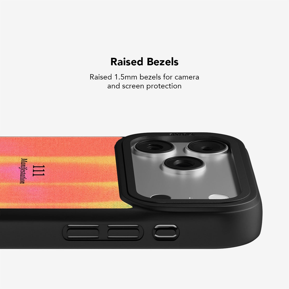 Close-up of raised bezels on Angel Number 111 iPhone case offering 1.5mm camera and screen protection with spiritual retro aesthetic.