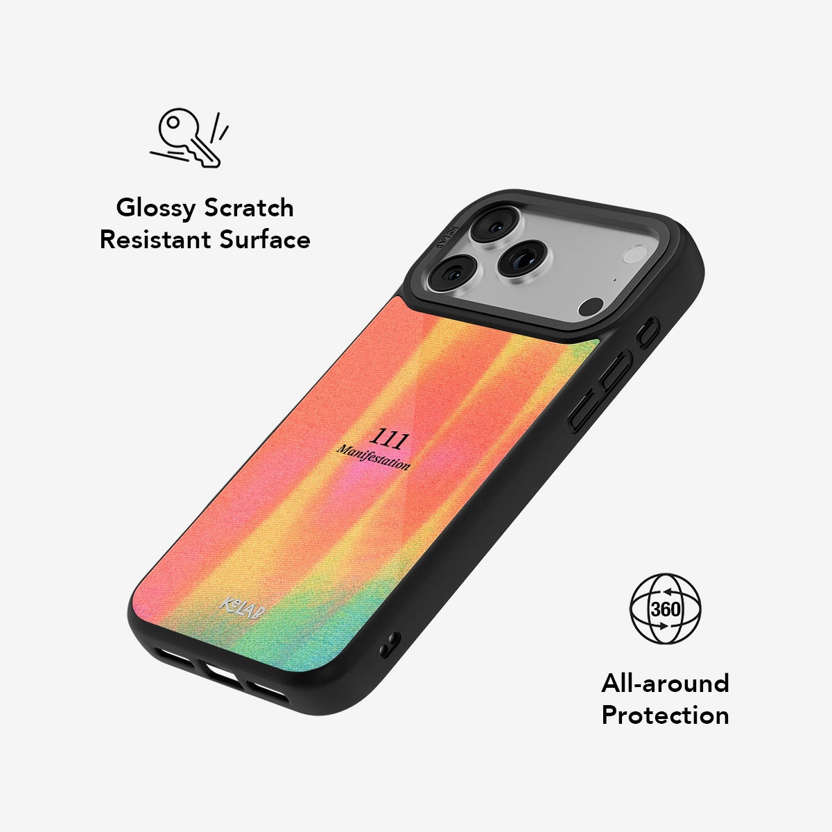 Glossy scratch-resistant Angel Number 111 iPhone case with 360° protection and colorful manifestation-themed retro gradient design.