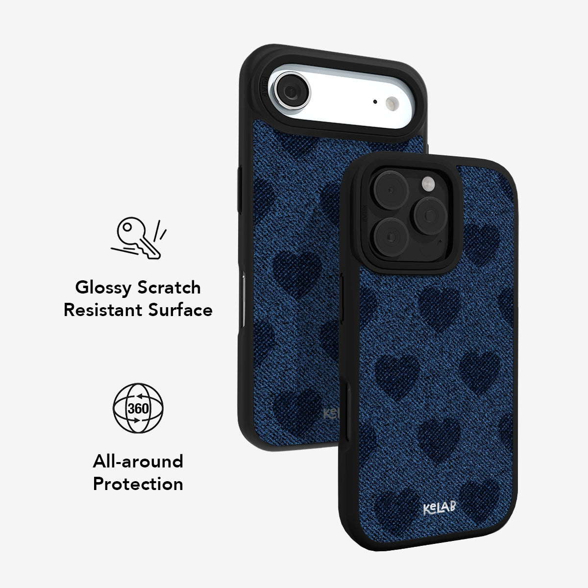 Glossy scratch-resistant Indigo Denim Heart Y2K iPhone Case with 360° all-around protection and trendy coquette jean pattern.