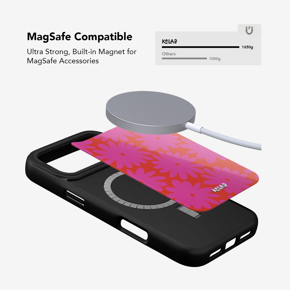 MagSafe compatible phone case with ultra-strong built-in magnet, featuring a stylish floral design.
