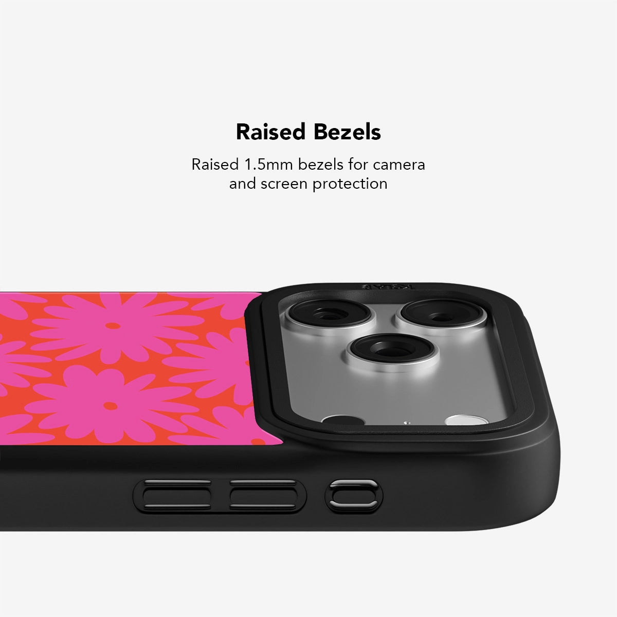 Pink floral iPhone case with raised 1.5mm bezels for camera and screen protection, designed for durability.