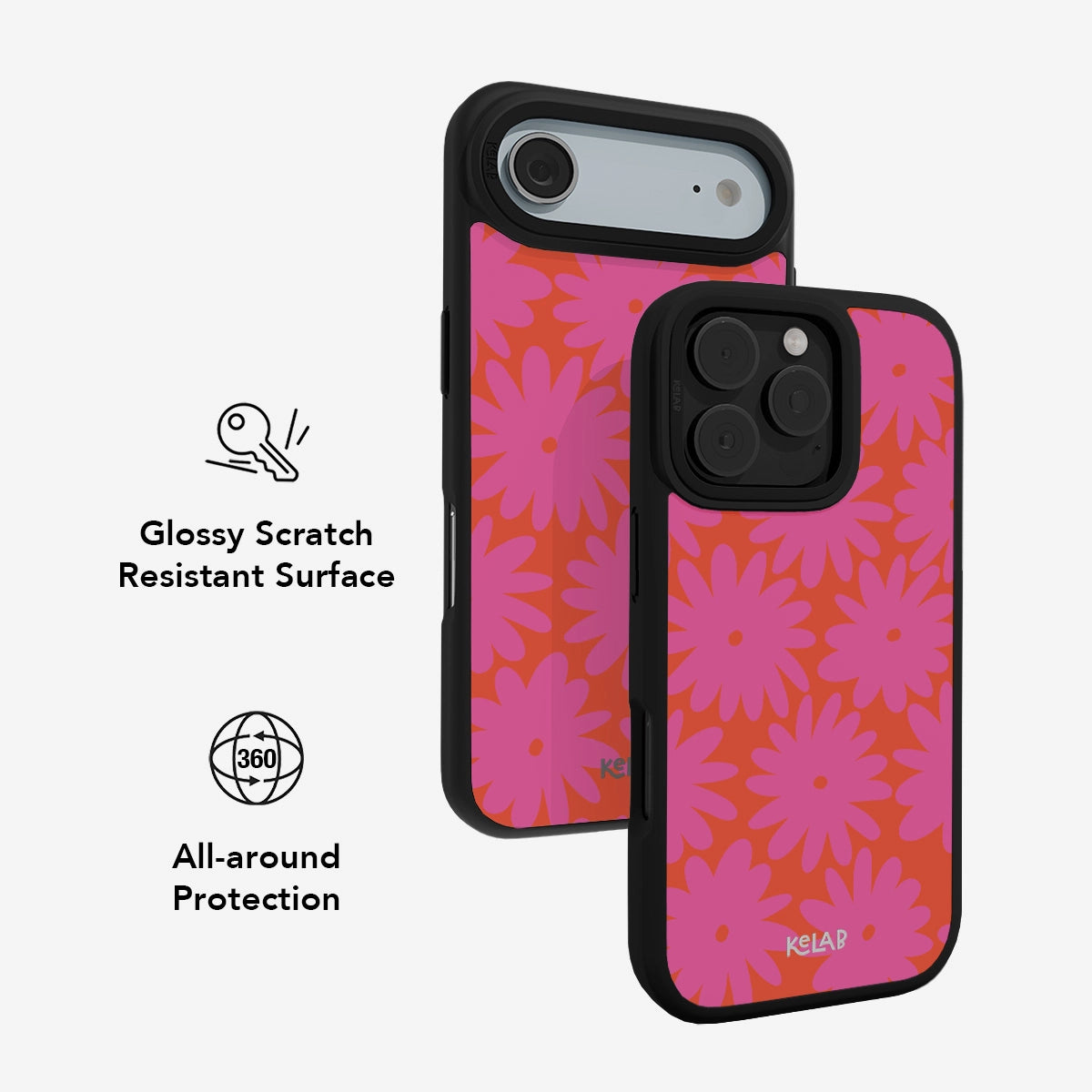 Bright pink floral iPhone case with glossy scratch-resistant surface and 360-degree protection.