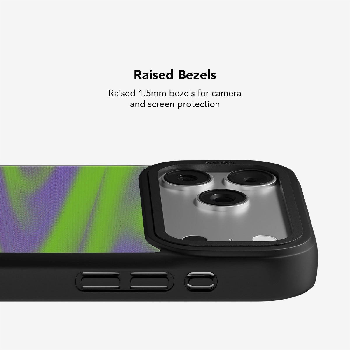 Mobile phone case with raised 1.5mm bezels for enhanced camera and screen protection, featuring a vibrant design.