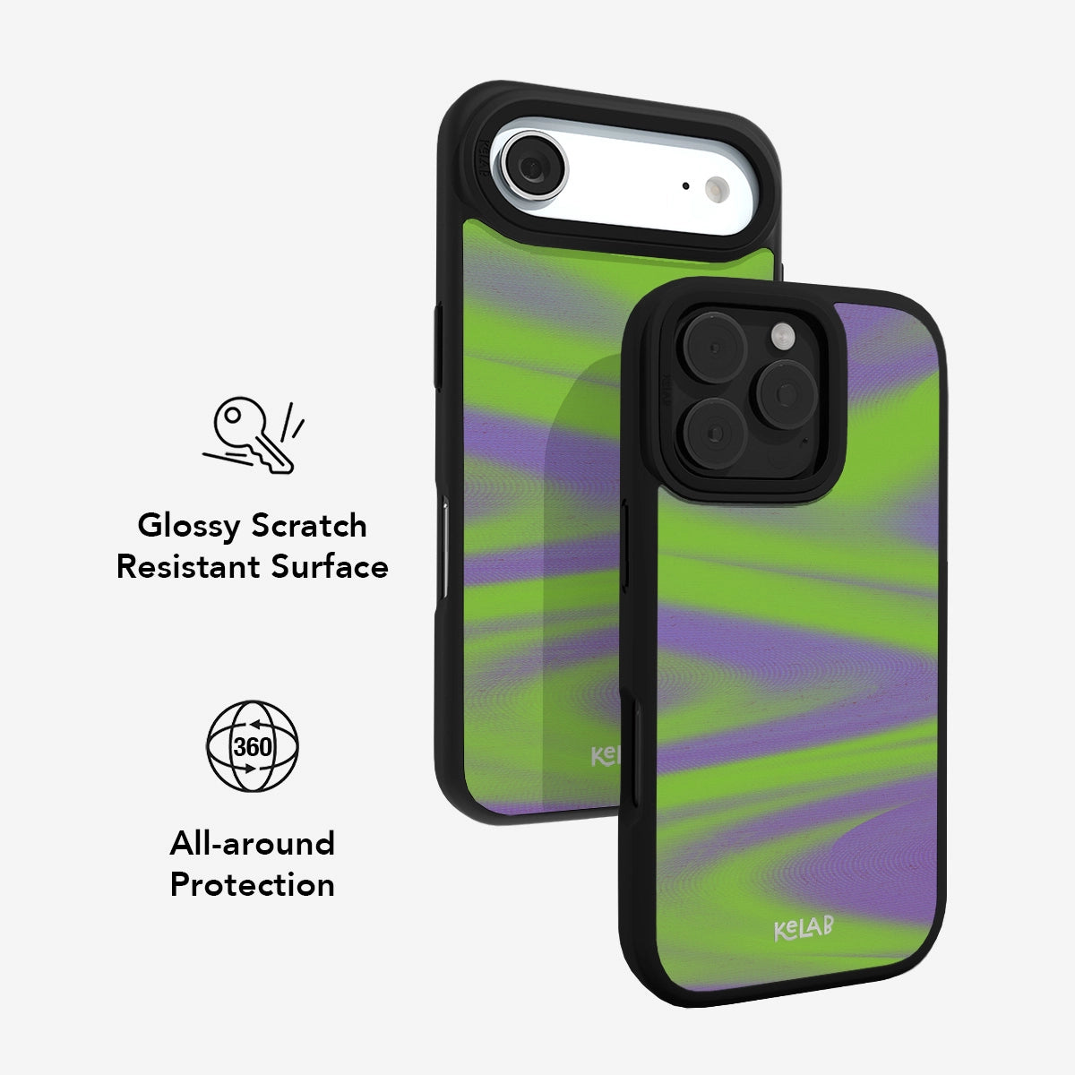 Glossy scratch-resistant iPhone case with vibrant green and purple design for all-around protection.