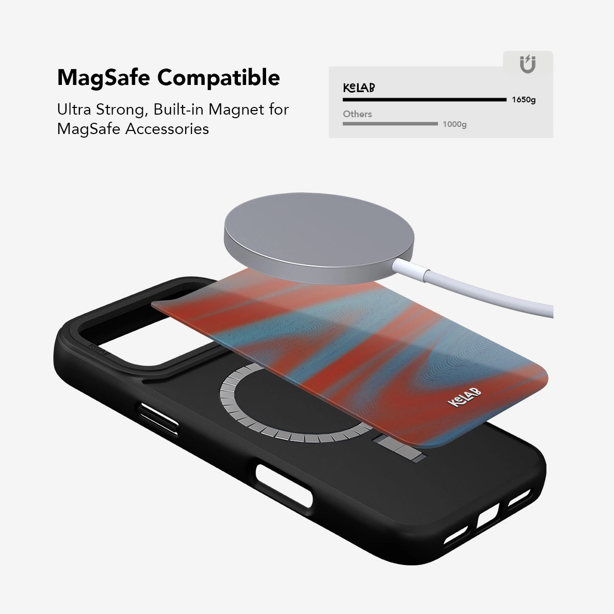 Black MagSafe compatible phone case with ultra-strong built-in magnet for accessories.