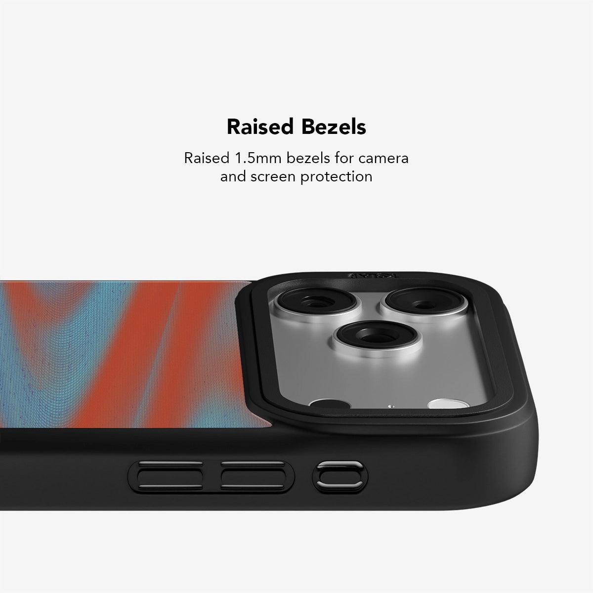 Colorful smartphone case with raised 1.5mm bezels for camera and screen protection.