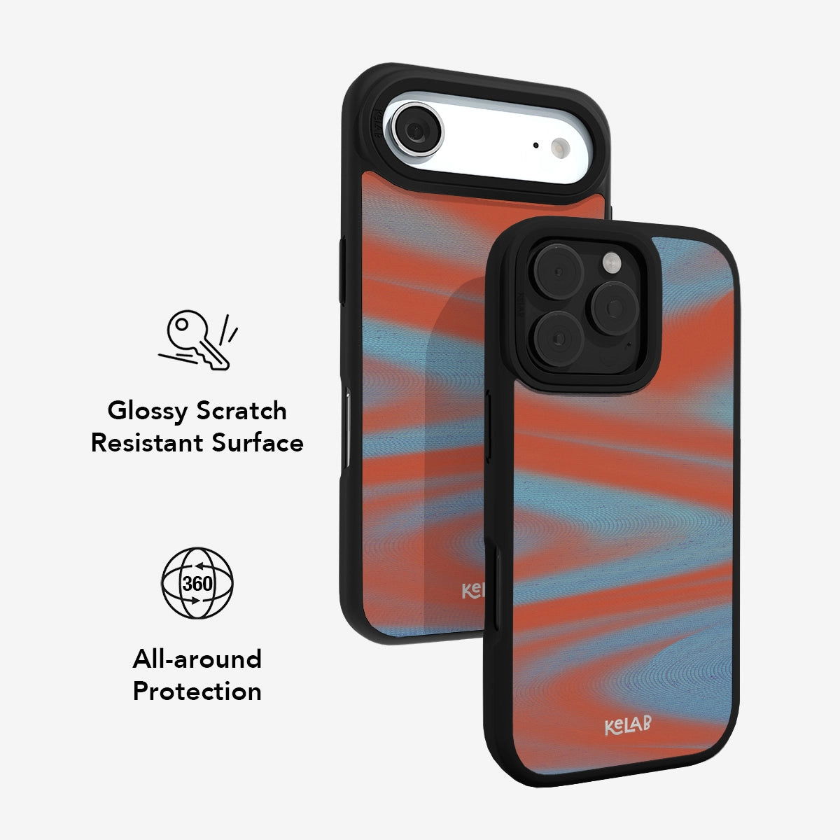 Vibrant red and blue phone case with glossy finish, scratch resistance, and 360-degree protection.
